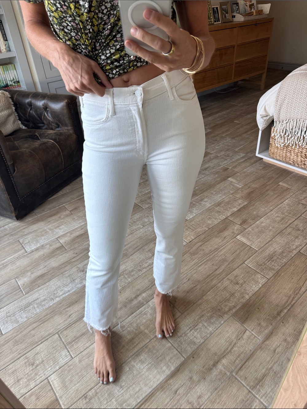 MOTHER White High-Rise Cropped Jeans with Frayed Hem